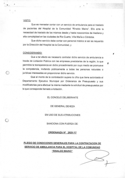 PLIEGO DE CONDICIONES GENERALES PARA LA CONTRATACION DE SERVICIO DE AMBULANCIA PARA EL HOSPITAL DE LA COMUNIDAD "RINALDO MAINO"