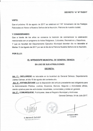 DECRETO DEL 15 DE AGOSTO. DÍA NO LABORABLE EN GENERAL DEHEZA.