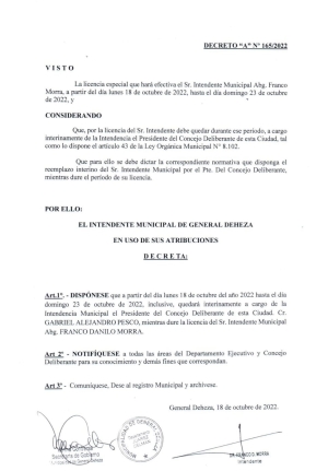DECRETO POR LICENCIA DEL INTENDENTE.