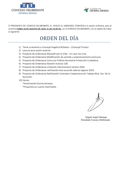 EL PRÓXIMO LUNES 26 DE AGOSTO, SESIONA EL CONCEJO DELIBERANTE.