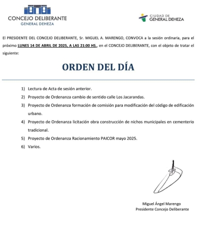 LUNES 14 DE ABRIL NUEVA SESIÓN DEL CONCEJO DELIBERANTE