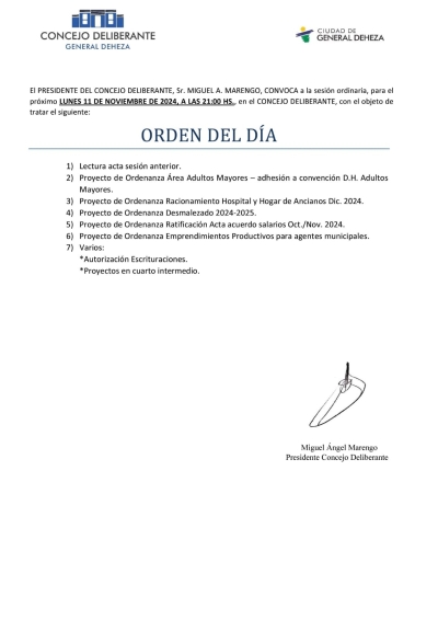 LUNES 11 DE NOVIEMBRE NUEVA SESIÓN DEL CONCEJO DELIBERANTE