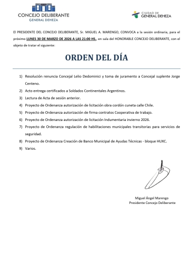 LUNES 30 DE MARZO NUEVA SESIÓN DEL CONCEJO DELIBERANTE