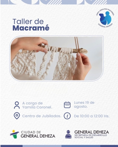 TALLER DE MACRAMÉ DESDE EL 19 DE AGOSTO. SUMATE, HAY CUPOS.