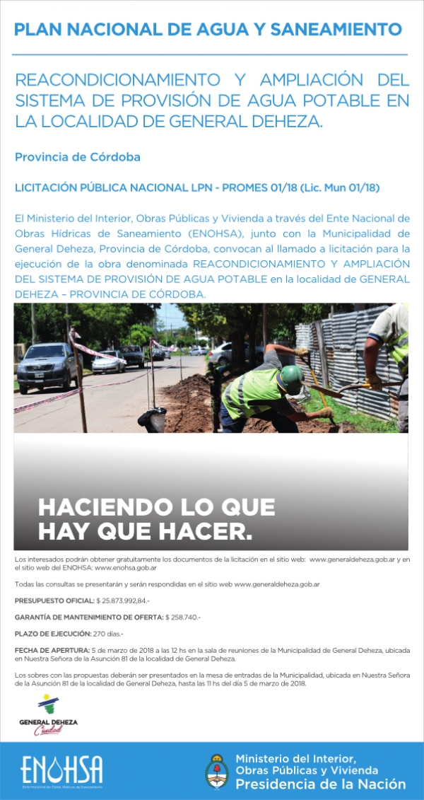 Licitación Pública Reacondicionamiento y Ampliación del Sistema de Agua potable - Segundo llamado