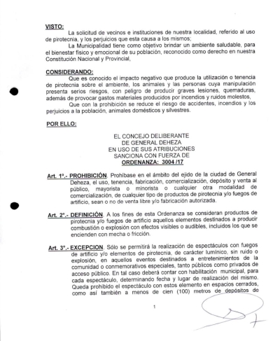 ORDENANZA 3004/14 - PROHIBICIÓN DE PIROTECNIA