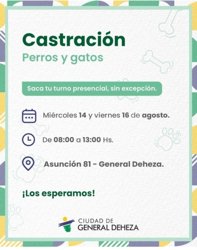 CASTRACIÓN DE PERROS Y GATOS. ENTREGA DE TURNOS.