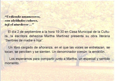 PRESENTACIÓN DEL LIBRO "SENTIRES DE MADRE E HIJA", DE LA ESCRITORA MARTHA MARTÍNEZ.