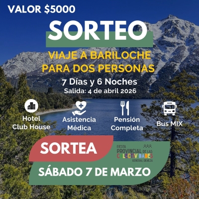 ¿COMPRASTE TU NÚMERO? PREMIO: UN VIAJE A BARILOCHE PARA DOS PERSONAS