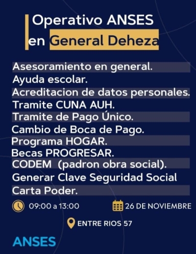 ESTE MIÉRCOLES 26 DE NOVIEMBRE, OPERATIVO ANSES